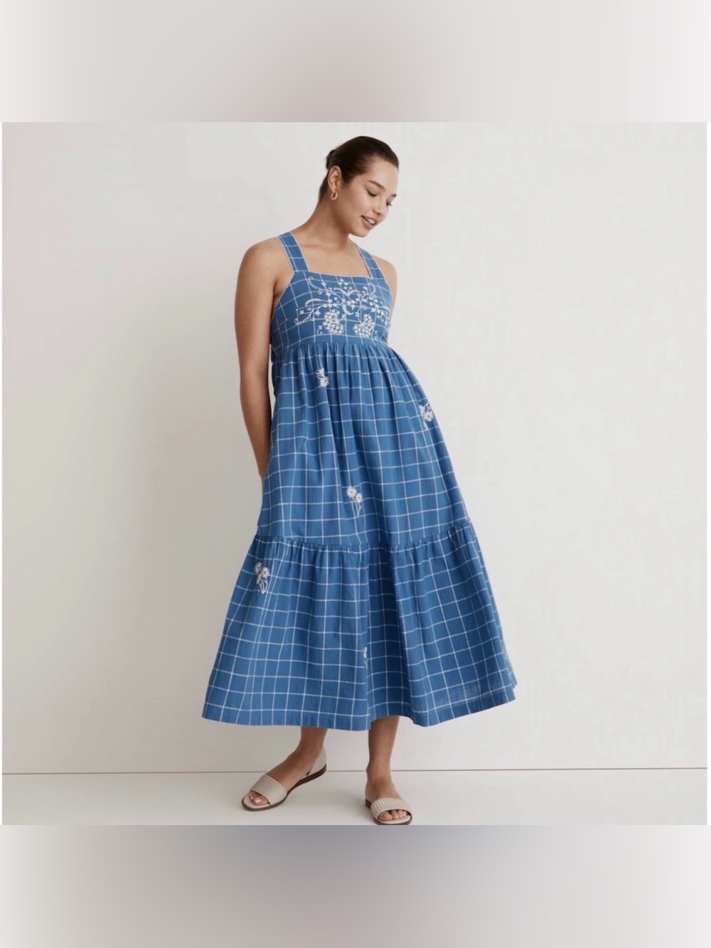 Madewell Embroidered Cicely Tiered Midi Dress in Plaid Blue 16 EUC